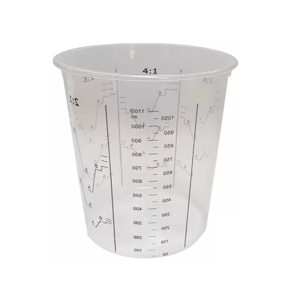 Plastic measuring cup with markings.