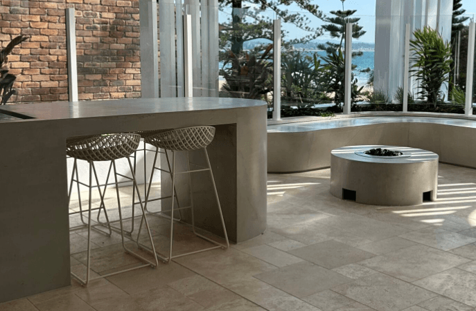 Modern indoor patio with beach view